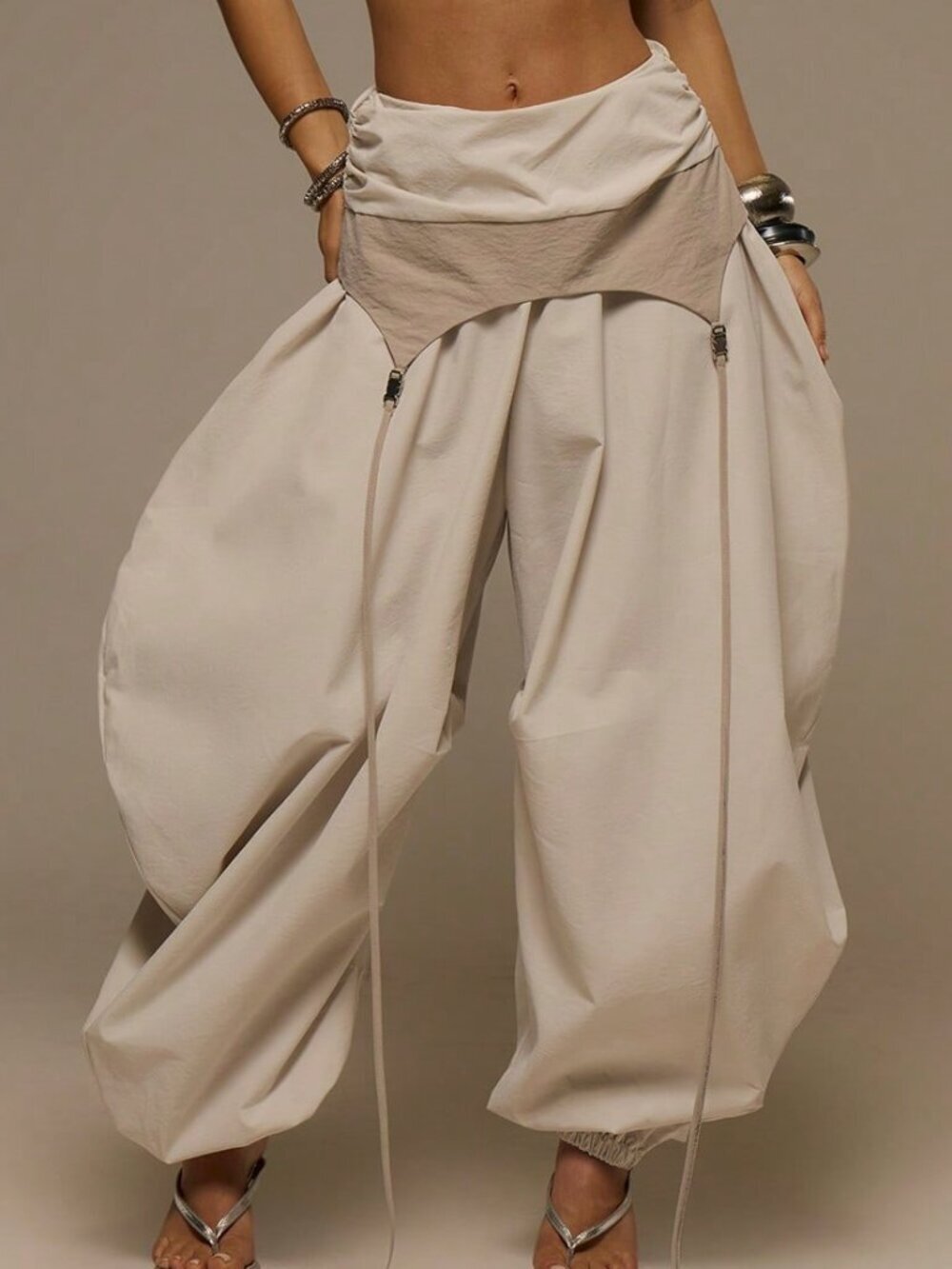 Grey Casual Women's Contrast Panel Foldover Balloon Pants